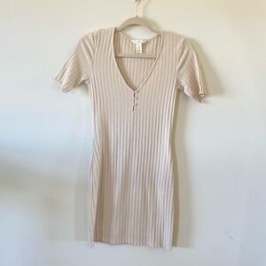 H&M Ribbed Bodycon Mini Dress | Beige Short Sleeve V-Neck Size S